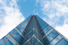 Tall Modern Office Glass Skyscraper Against Blue Sky, London, UK
