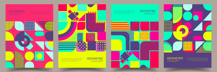 Wall Mural - Vector illustration. Minimalist poster collection. Flat geometric pattern. Design for posters, book covers, brochures, invitation cards, flyers, banners. Circle, square, triangle. Acid vibrant colors