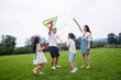 © View Stock - The happy family of four is flying a kite on the grass