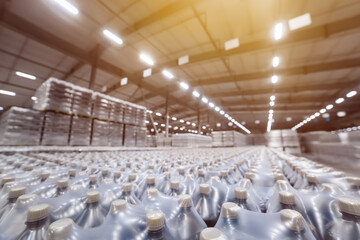 Wall Mural - Huge industrial warehouse with stacks of vacuum-packed water or beer packages on pallets. Front view. Selective focus