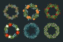 Set Of Christmas Wreaths With Oranges, Holly Berries, Poinsettias, Pine And Fir Branches, Cones, Winter Plants, Rowan. Vector Design Elements For Your Holiday Cards. Xmas Traditional Set
