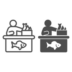 Poster - Seller in fish store line and solid icon, Fishing concept, Fish market with seller and seafood sign on white background, Supermarket fish department interior icon in outline style. Vector graphics.