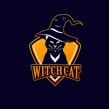 Black Cat Wearing A Witch Hat Mascot Icon Shield Vector Illustration