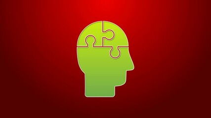 Poster - Green line Human head puzzles strategy icon isolated on red background. Thinking brain sign. Symbol work of brain. 4K Video motion graphic animation