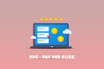 Wall Mural - PPC - pay per click advertising result displaying on laptop screen. Digital marketing and customer rating concept. 3d style illustration web banner.