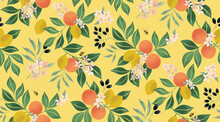 Vector Illustration Of Seamless Floral Pattern With Fruits. Design For Cards, Party Invitation, Print, Frame Clip Art And Business Advertisement And Promotion 