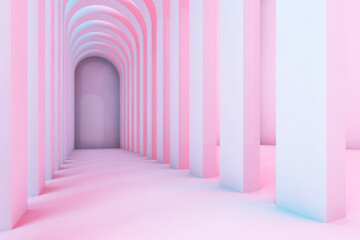 Wall Mural - Empty corridor of arches with colorful illumination, 3d