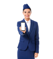 Poster - Beautiful stewardess with mobile phone on white background