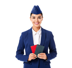 Poster - Beautiful stewardess with documents on white background