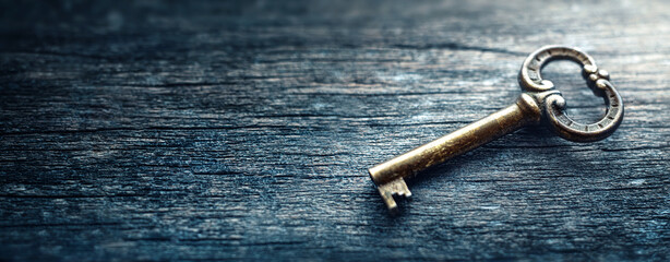 Fototapete - Old key lying on the desk. Concept on the topic of security, choice, search, etc. Retro style. Free space for your design.