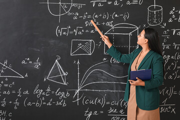 Poster - Asian female teacher near blackboard in classroom