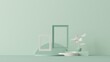 © Tiviland - Minimal scene with geometric shapes, podiums and frame on pastel blue and beige background. Trendy 3d render for social media banners, promotion, cosmetic product show.