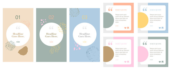 social media instagram influencer account quote story post template set of four. background graphic design elements. backdrop. motivation inspiration. trendy pattern with flowers and geometric shapes