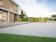 © MIRROR IMAGE STUDIO - New house with empty cobblestone floor for car park. 3d rendering of green grass lawn in modern home.