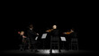 Group of musicians in orchestra playing together on stage back view 3d rendering
