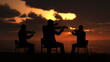 Three violin players sitting on chair at dawn performing as trio group in nature 3d rendering
