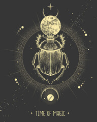Wall Mural - Modern magic witchcraft card with moon and scarab beetle. Hand drawing occult vector illustration