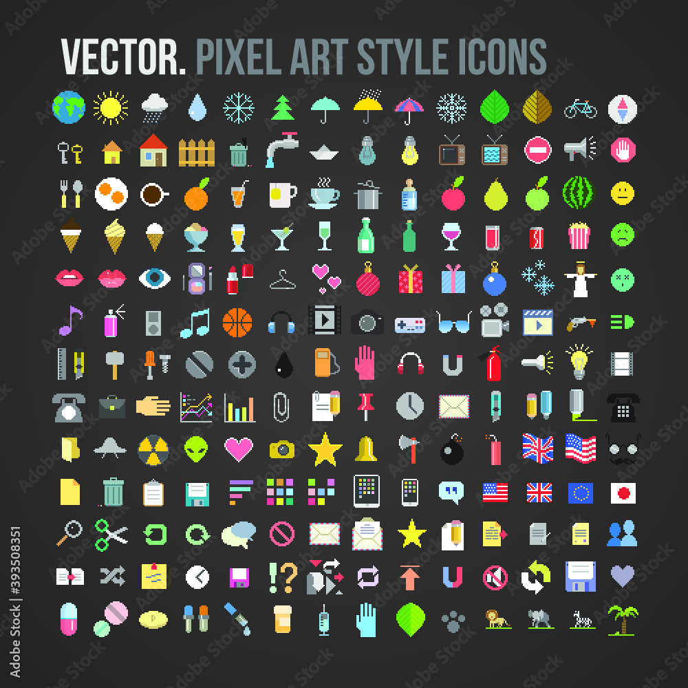Vector different pixel art style icons big set, isolated vector ...