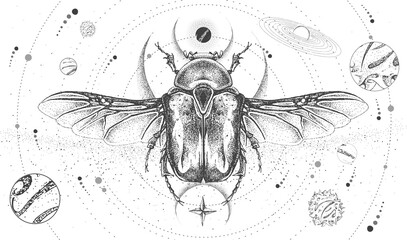 Wall Mural - Modern magic witchcraft card with solar system and Flower chafer beetle. Hand drawing occult vector illustration