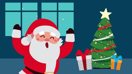 Poster - happy merry christmas animation with santa claus and pine tree