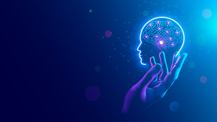 Leinwandbilder - AI. Electronic brain. Neon Silhouette of human head with artificial intelligence hanging over palm hand. Cybernetic artificial neural network. Electronic mind. Neuronet, deep machine learning concept.