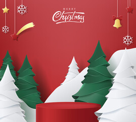 Wall Mural - Merry Christmas banner with product display cylindrical shape