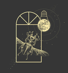 Wall Mural - Magic witchcraft window silhouette with beetle and full moon like light bulb. Vector illustration