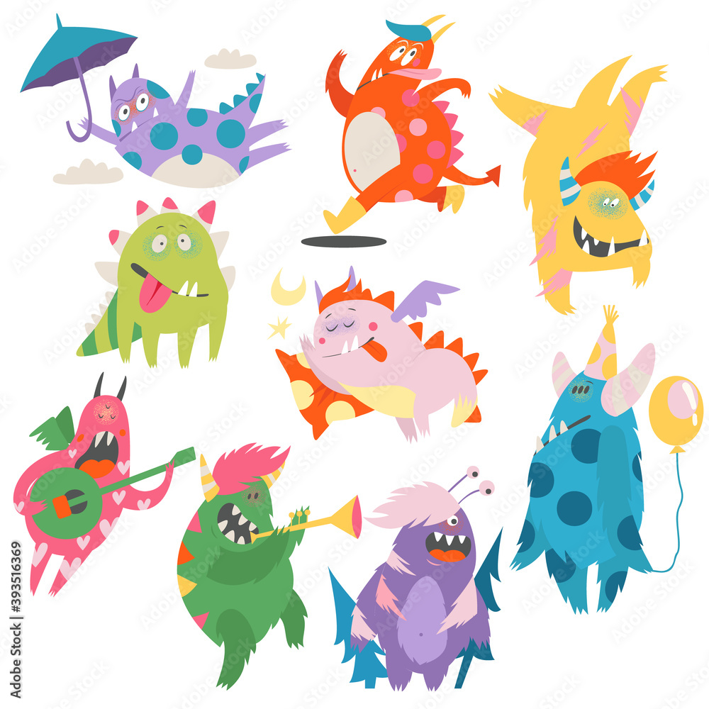 Comic Monsters with Horns and Wings Playing Trumpet and Having Fun Vector Set - obrazy, fototapety, plakaty 