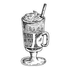 Wall Mural - Hand drawn black and white crosshatch vector illustration of a cup of irish coffee in a tall glass. No background.