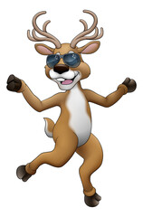 Wall Mural - Cool Christmas Santas reindeer cartoon character in sunglasses dancing or running along