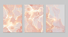 Pink, Coral And Gold Marble Abstract Background Set. Alcohol Ink Technique Vector Stone Textures. Modern Paint With Glitter. Template For Banner, Poster Design. Fluid Art Painting