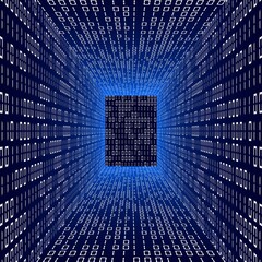Poster - Abstract data flow background - blue glowing room with walls made of binary code digits - 3D illustration