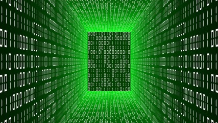 Abstract data flow background - green glowing room with walls made of binary code digits - 3D illustration