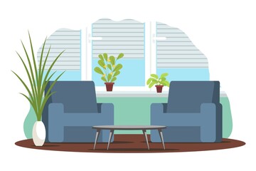 Modern living room interior design background. Room at home with two armchairs, mat, plants, table. Empty cosy area for rest and recreation vector illustration. Windows with blinds