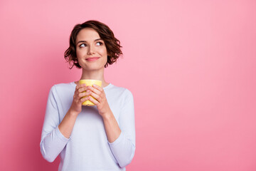 Wall Mural - Portrait of pretty girl hold latte mug look copyspace wear sweater isolated over pastel color background