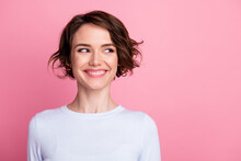 Portrait Of Nice Adorable Girl Look Good Copyspace Feel Curious Wear Jumper Pullover Isolated Over Pink Color Background