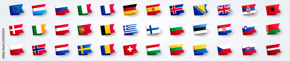 Vector Illustration Giant European Flag Set With Europe Country Flags.