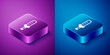 Isometric Medieval sword icon isolated on blue and purple background. Medieval weapon. Square button. Vector.