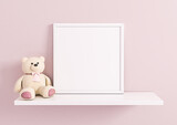Single square white frame mockup for nursery or kids room on white shelf with teddy bear toy. Children room nursery mockup frame poster on clean pink wall.