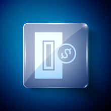 White Hand Inserting Coin To A Slot On A Vending Machine Or Arcade Machine Icon Isolated On Blue Background. Square Glass Panels. Vector.