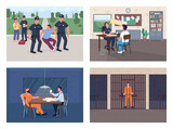 Fototapeta Miasto - Police investigation flat color vector illustration set. Arrest burglar. Officer interview victim. Policeman, witness and criminal 2D cartoon characters with department interior on background pack