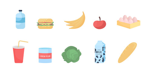 Fototapete - Grocery food flat color vector object set. Fresh vegetables, fruits. Drink in bottle. Dairy products. Supermarket goods isolated cartoon illustration for web graphic design and animation collection