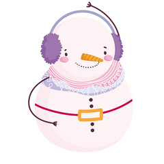 Sticker - merry christmas, cute snowman with earmuffs celebration icon isolation