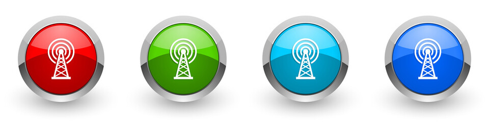 Poster - Antenna, wireles communication silver metallic glossy icons, set of modern design buttons for web, internet and mobile applications in four colors options isolated on white background