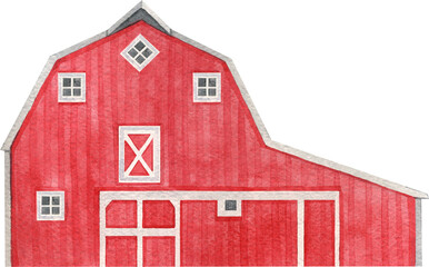 Watercolor red barn, hand painted farmhouse illustration.