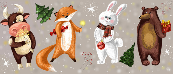 Happy New Year and Merry Christmas! Cute illustration of animals welcoming the holiday. Goby, hare, fox and bear with a gift in their paws. Drawings for greeting card