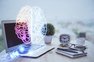double exposure of desktop computer and human brain drawing hologram. ai concept.