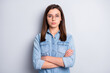 © deagreez - Photo of pretty nice long hairdo office worker crossed arms wear spectacles blue cloth isolated on grey background