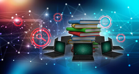 Poster - 3d rendering technology Computer network with book