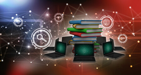 Poster - 3d rendering technology Computer network with book